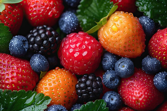 Fresh assorted berries with dew drops close-up Generative AI image