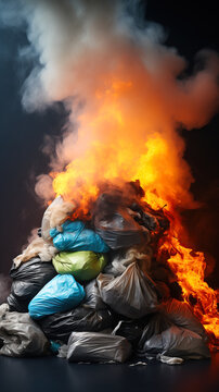 Pile of garbage bags on fire emitting smoke Generative AI image