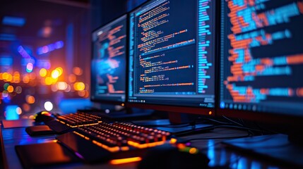 Focused close-up of colorful code on computer monitors in a software developer's vibrant and modern workspace.