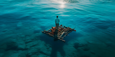 Homme debout sur un radeau au milieu de l'océan - obrazy, fototapety, plakaty