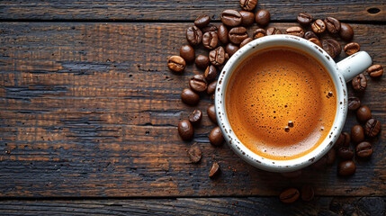 Coffee cup and coffee beans on wooden background. Top view.