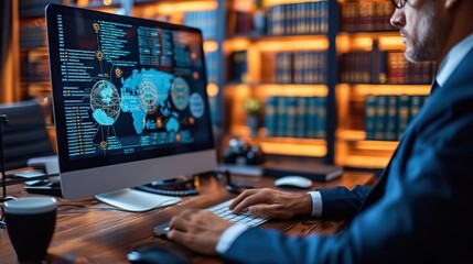 A business professional in a suit examines cybersecurity data on a monitor in a sophisticated office environment.