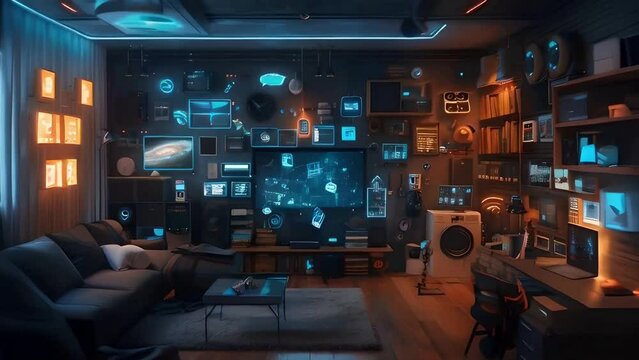 futuristic living room with different electronic gadgets, smart home concept