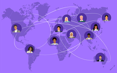 Global network business concept illustration. Diverse business people connected on a world map background. Vector design in blue, purple colors for banner, website, landing page, flyer.