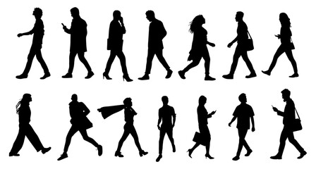 Silhouettes of business people walking, men and women full length side view. Vector monochrome illustration isolated black on transparent background . Avatar, icons for website.