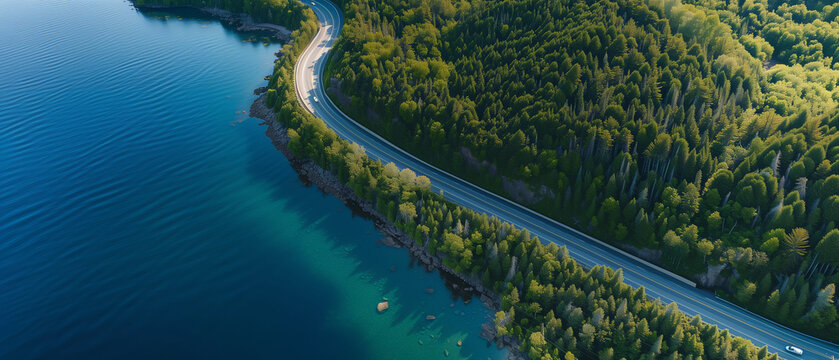 Scenic Aerial View of a Serpentine Road Winding Through Lush Green Forest by a Tranquil Blue Lake