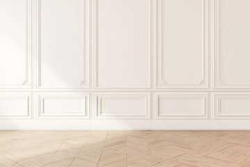 White mock-up blank room with white walls and beige color parquet floor.