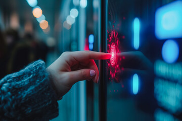 Biometric security scan with a person's finger on sensor Generative AI image