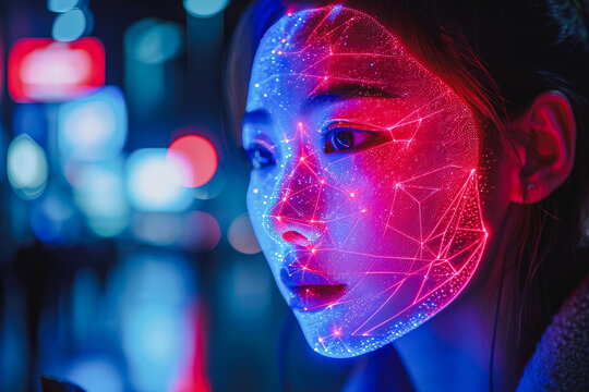 Futuristic facial recognition on woman with neon lights Generative AI image