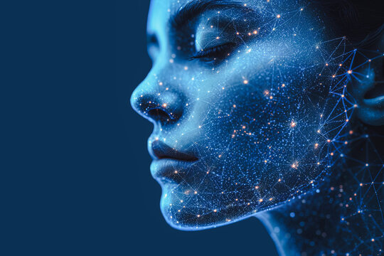Futuristic digital human face with cosmic particles Generative AI image