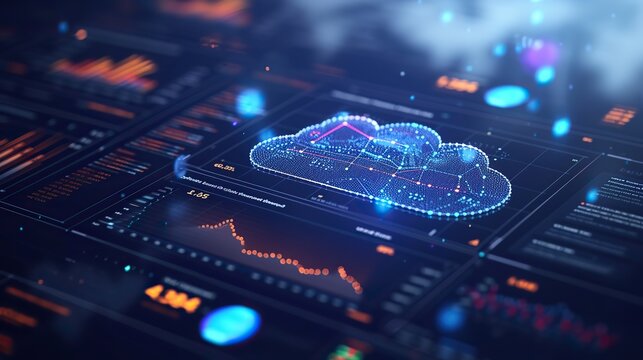 A control dashboard in a dark room visualizing cloud computing data and services with a 3D holographic representation of cloud infrastructure.