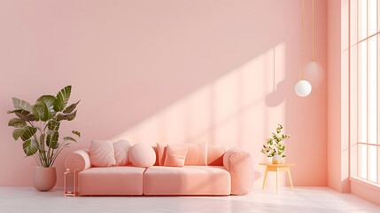 Fototapeta na wymiar Modern Living Room Interior with Plants and Peach Fuzz Colour of the Year 2024. Sunlight entering from Window.