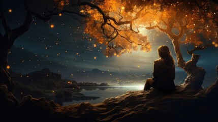 A woman sits under a tree, watching the stars above a lake. - obrazy, fototapety, plakaty