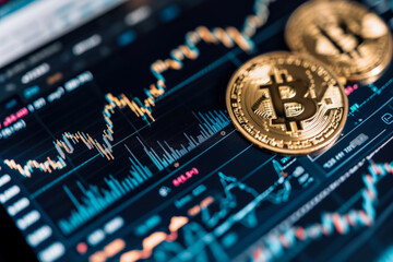 close-up of a cryptocurrency exchange rate chart. The chart is dynamic and informative, and there are other charts in the background