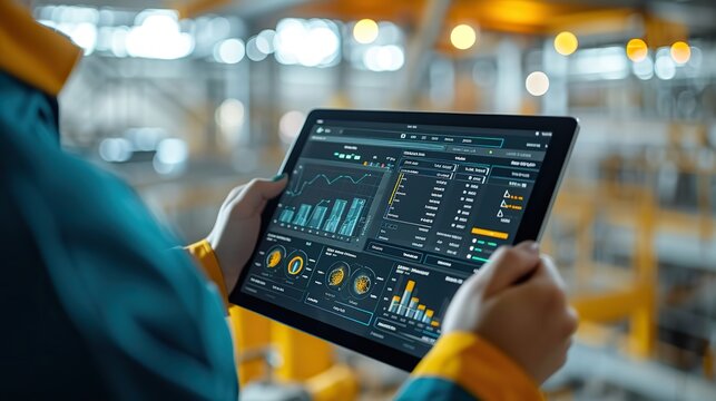 An engineer in a safety vest reviews real-time performance data on a tablet amidst the industrial setting of a busy factory.