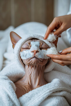 Sphinx cat enjoys a relaxing facial treatment Generative AI image