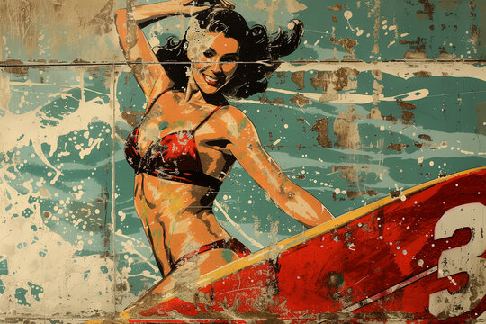 Vintage Pop Art Style Woman with Surfboard Generative AI image