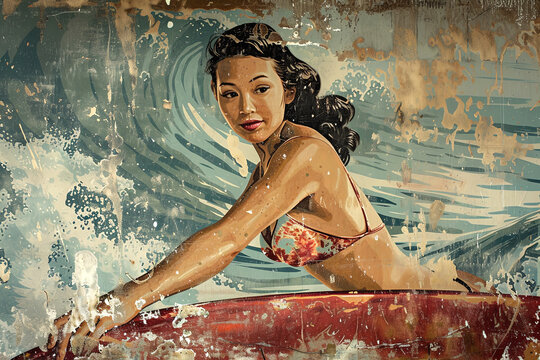 Retro style painting of a woman enjoying the waves Generative AI image