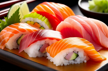 Traditional Japanese nigiri sushi with salmon. Generated AI