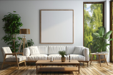 Envision a minimalist living room adorned with a deep white sofa and a compatible table, framed by an empty blank canvas ready for your text.