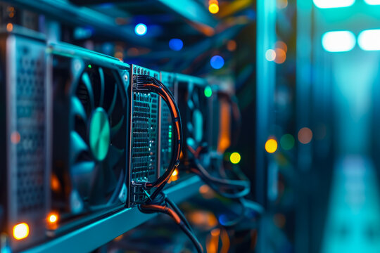 close-up of a cryptocurrency mining rig in a data center. The rig is powerful and efficient, and there are other rigs in the background - Powered by Adobe