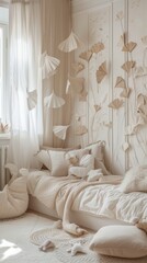 a villa children's room design incorporating ginkgo leaf motifs as a playful design element, featuring light tones that evoke a sense of serenity and warmth.