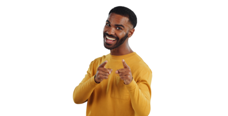 African man, happy and point at you for recruitment, choice and isolated by transparent png background. Excited person, hands and sign for decision, feedback or invitation in portrait for promotion