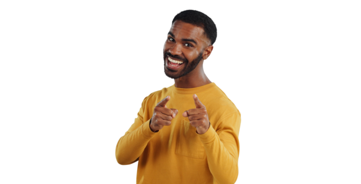 African man, happy and point at you for recruitment, choice and isolated by transparent png background. Excited person, hands and sign for decision, feedback or invitation in portrait for promotion