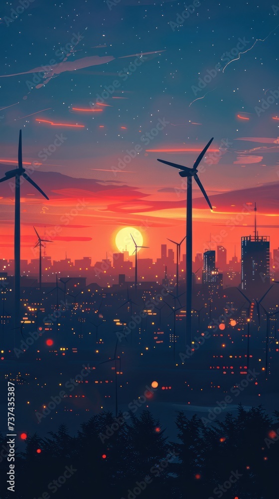 Wall mural urban skyline with wind turbines at sunset