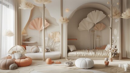 a villa children's room design incorporating ginkgo leaf motifs as a playful design element, featuring light tones that evoke a sense of serenity and warmth.