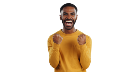Excited man, portrait and fist pump in celebration for winning or success isolated on a transparent PNG background. Male person with smile for good news, achievement or bonus promotion on lucky prize
