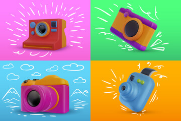 Set colorful photo camera with doodle elements in bright cartoon 3d style. Cute modern minimal vector illustration. Creative fashion composition.