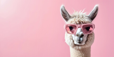 Funny alpaca wearing in pink sunglasses on pink background with copy space.