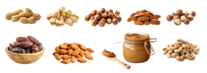 Nuts and peanut butter set isolated on white