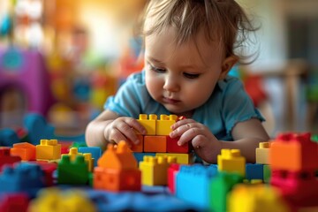 A toddler is playing with colorful wooden block toys