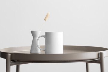 White mug mockup with a lagurus decoration on the beige table.