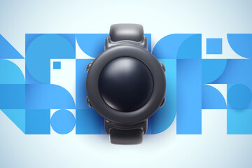 Banner with smart watch device for promotion or branding in bright cartoon 3d style. Cute modern minimal vector illustration. Creative fashion composition.