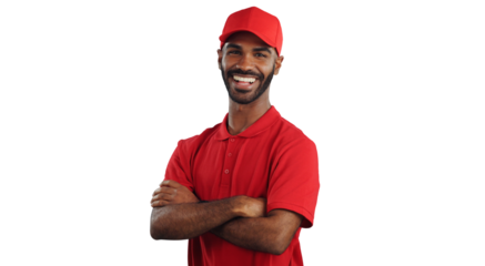 Portrait, happy or professional delivery man with hat in confidence for transport service on a transparent PNG background. Isolated male person or courier guy with smile for satisfaction in logistics