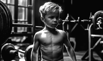 Pumped up kid in the gym with a serious look - obrazy, fototapety, plakaty