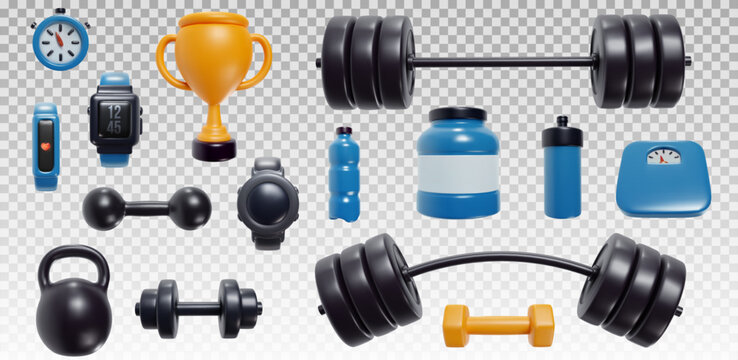 Set of sport equipment devices in modern realistic 3d style. Collection bright elements for fitness or gym. Vector illustration isolated on transparent background.