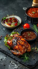 a half-smoked chicken adorned with barbecue sauce, served alongside a fresh salad and flavorful sauce, the succulent texture and appetizing presentation of delicious meal.