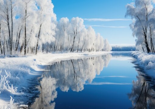 A river flowing through snow-covered trees.