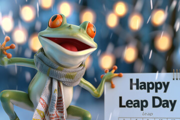 joyful frog next to the calendar, February 29th happy leap year