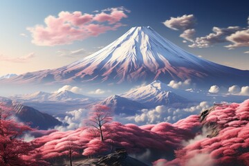Mount Fuji with sea of clouds, towering above bathed in soft morning light