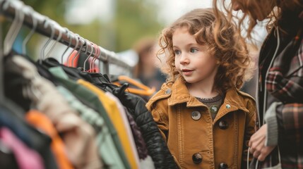 Young girl and her mother standing in front of a rack of clothes in Secondhand clothing store. Vintage clothes in a store on sale. Recycling and life extension for clothes concept. Generative ai