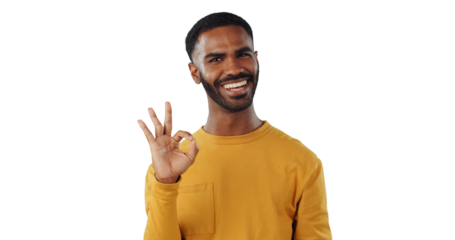 Happy man, portrait and ok sign for opinion, review or vote on a transparent PNG background. Smile and young male person with like emoji, yes or okay for perfection, thank you or pleasant feedback