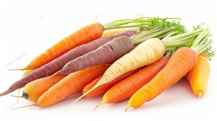 Farm to table abundance concept. Different types of fresh carrots on white background copy space. Health, vitamins and a healthy lifestyle. Generative ai