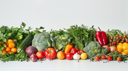 Farm to table abundance concept. Different types of fresh Vegetables on white background copy space. Health, vitamins and  healthy lifestyle. Generative ai