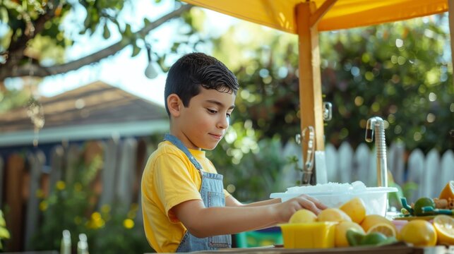 Young teenage boy makes and sells homemade lemonade on the street outside her house. The concept of extra income for teenagers. Summer sunny day. Generative ai
