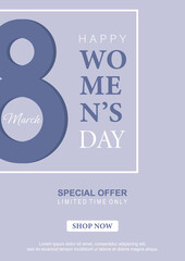 Poster or banner with Women's day. 8 March. Special offer discount. Background for sale. Happy Women's day header or voucher template.